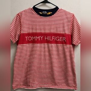 Tommy Hilfiger Red White Striped Logo Tee Women Size M Preppy